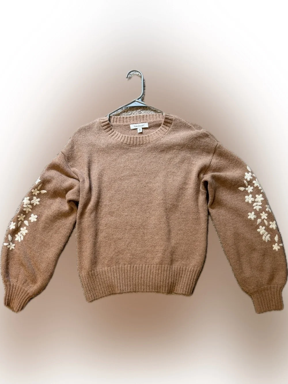 Francesca's Collections Tan Floral-Embroidered Crewneck Sweater